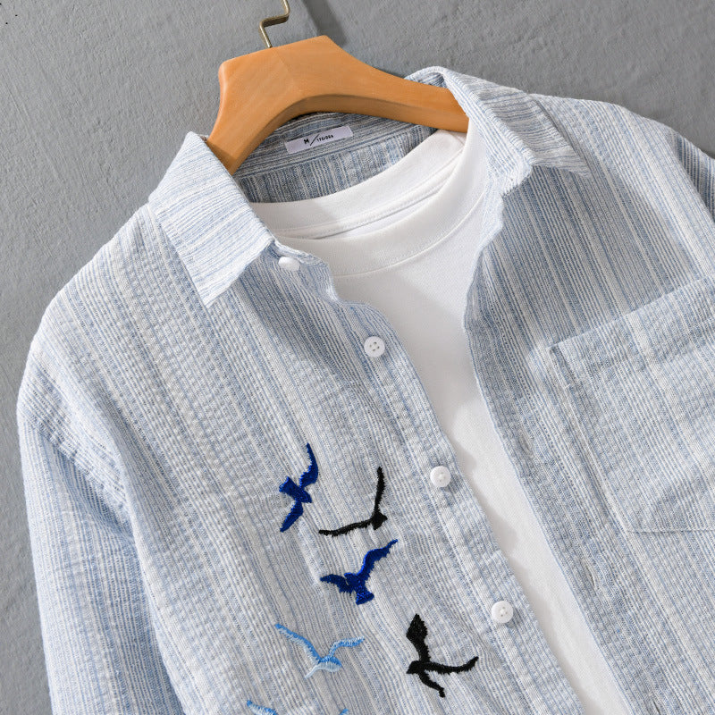 Herren Leichtes gestreiftes Overshirt aus Leinen-Baumwollmix mit Vogelstickerei Shop Nory