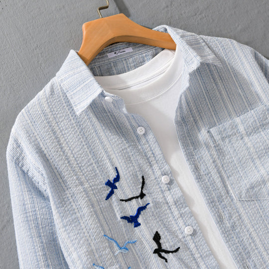 Herren Leichtes gestreiftes Overshirt aus Leinen-Baumwollmix mit Vogelstickerei Shop Nory
