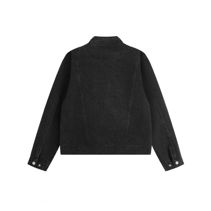 Unisex Kurz geschnittene kastige Denim-Blousonjacke mit Stehkragen, Metallreißverschluss und verstellbaren Saumriegeln Shop Nory
