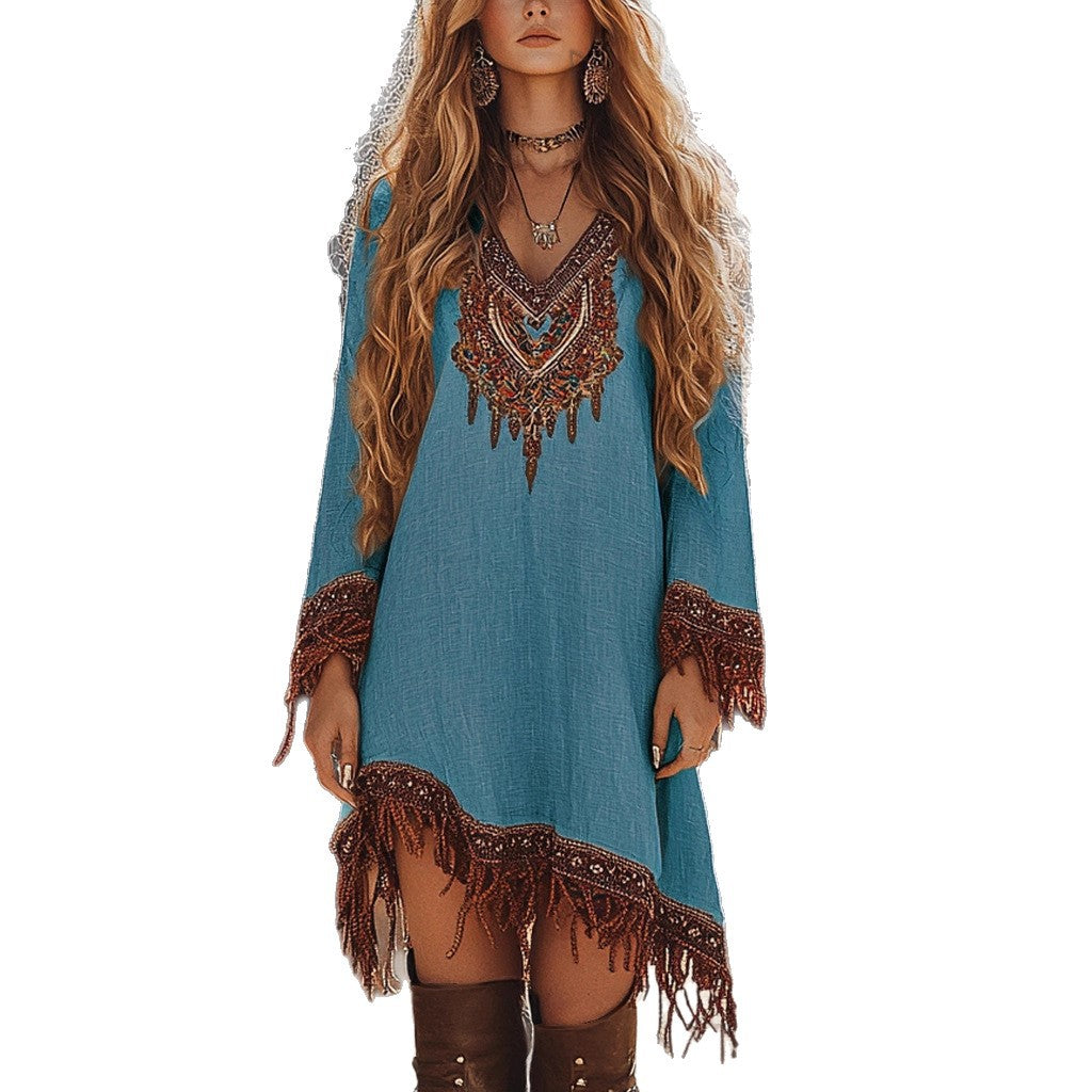Damen Festival-Kleid mit kunstvollem Stickdesign und Fransen