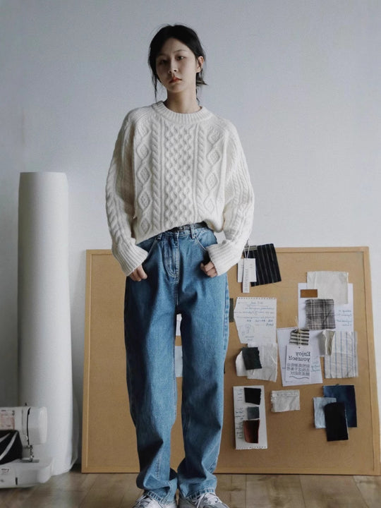 Damen Strukturierter Zopfmuster-Pullover aus Merino-Mix mit gerippten Abschlüssen und kastiger Passform Shop Nory