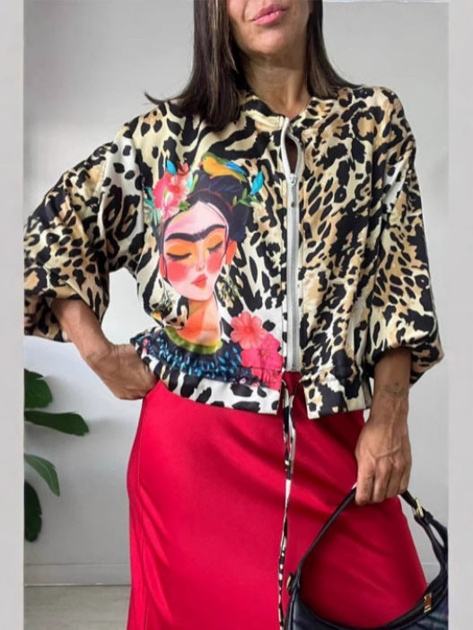 Damen entspannte Bomberjacke mit extravagantem Leoparden-Motiv