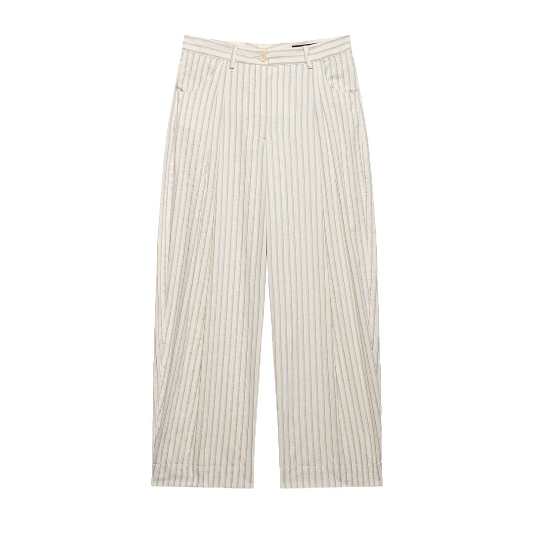 Damen Weite Leinenhose mit hoher Taille, Streifenmuster und aufgesetzten Taschen Shop Nory