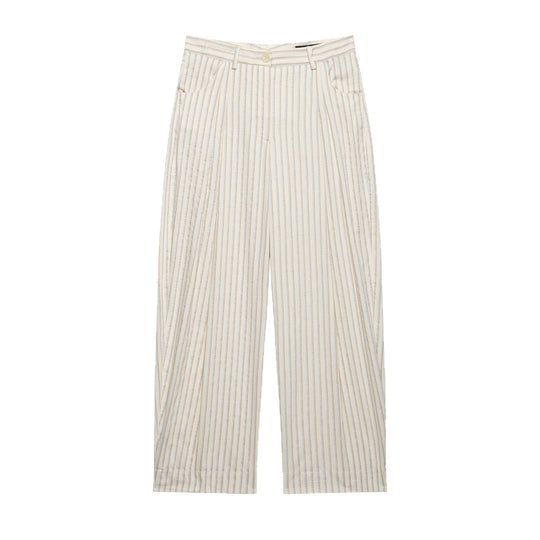 Damen Weite Leinenhose mit hoher Taille, Streifenmuster und aufgesetzten Taschen Shop Nory