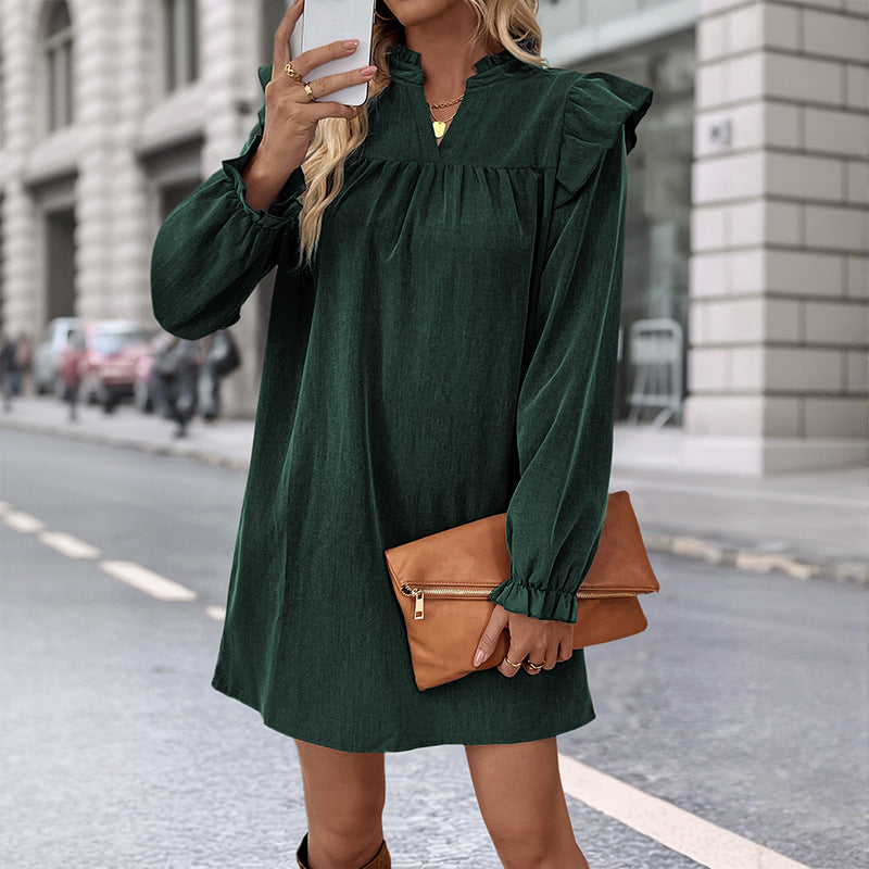 Damen Rüschen-A-Linien Kleid mit geraffter Brust und V-Ausschnitt Shop Nory