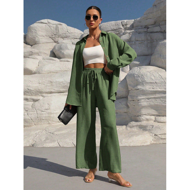 Damen Zweiteiliges Leinenoptik-Loungewear-Set mit Oversize-Hemd und weitem Komfort-Palazzo Shop Nory
