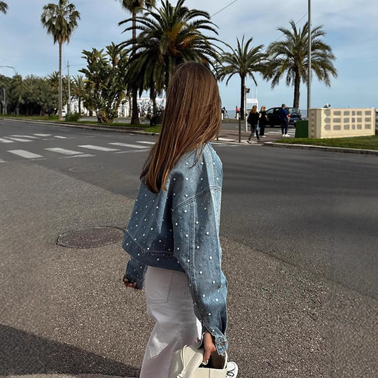 Damen Gekürzte Denim-Jacke mit Perlenbesatz und Oversize-Ärmeln Shop Nory