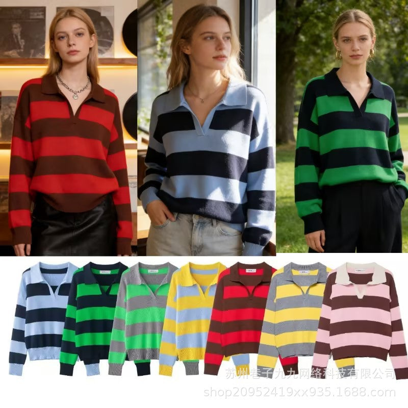 Damen Gestreifter Oversize-Rugby-Pullover mit Polokragen und V-Ausschnitt Shop Nory