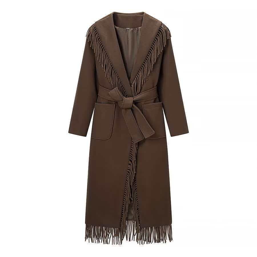 Damen Langer Fransen-Wollmix-Mantel mit Kapuze, Bindegürtel und aufgesetzten Taschen Shop Nory