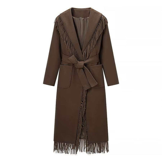 Damen Langer Fransen-Wollmix-Mantel mit Kapuze, Bindegürtel und aufgesetzten Taschen Shop Nory