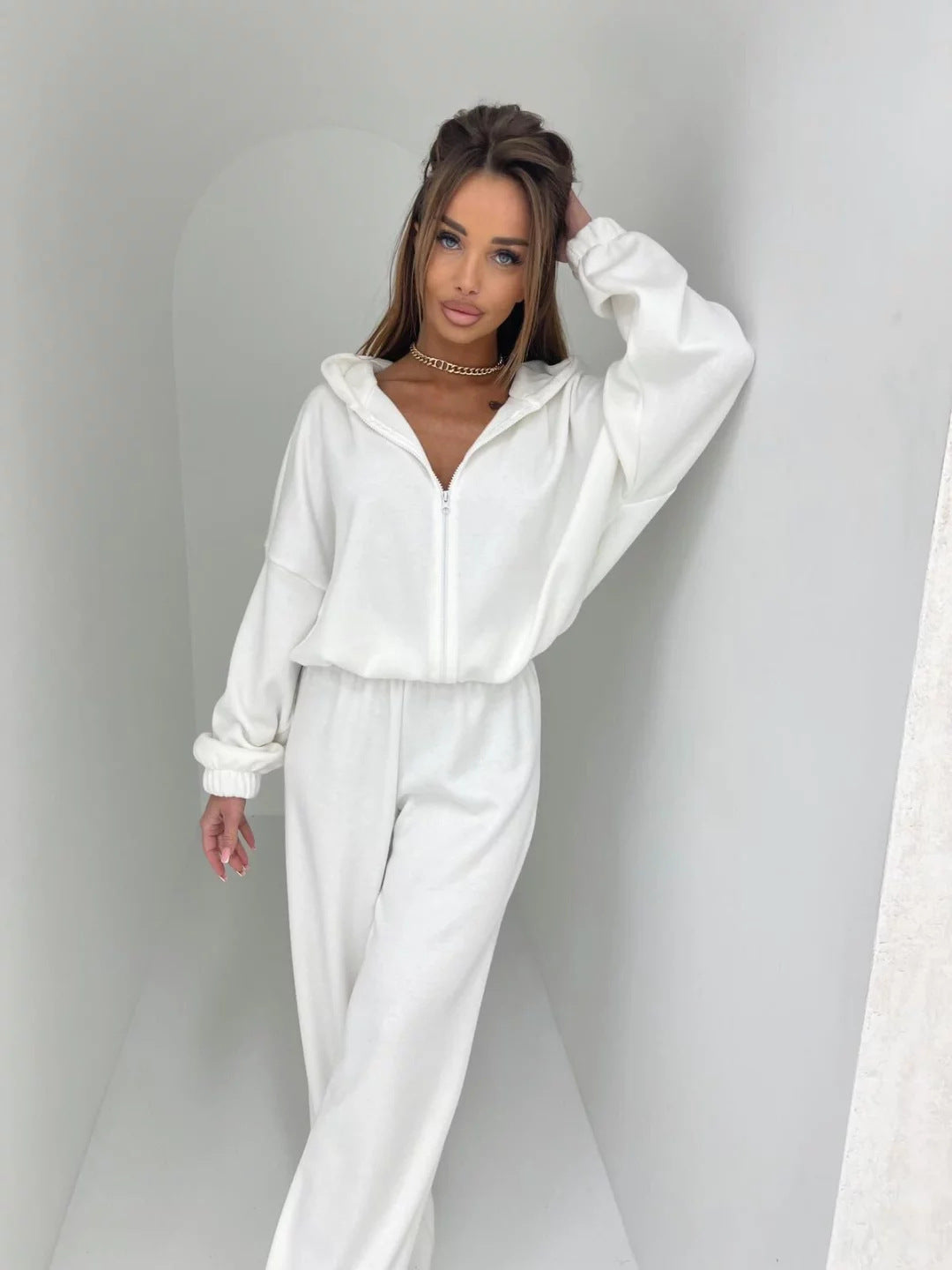 Damen Loungewear-Anzug aus weichem Fleece mit Kapuze und weitem Schnitt Shopnory
