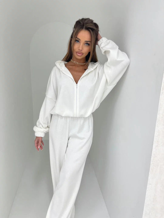 Damen Loungewear-Anzug aus weichem Fleece mit Kapuze und weitem Schnitt Shopnory