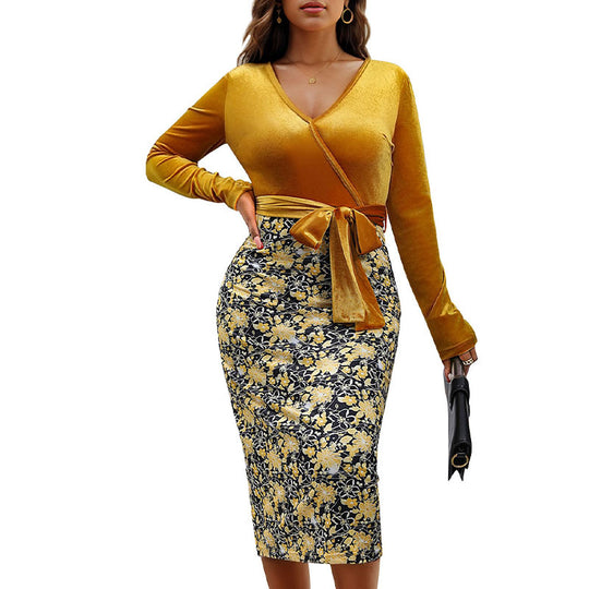Damen Wickelkleid mit Samtoberteil und floraler Jacquard-Bleistiftrock Shop Nory