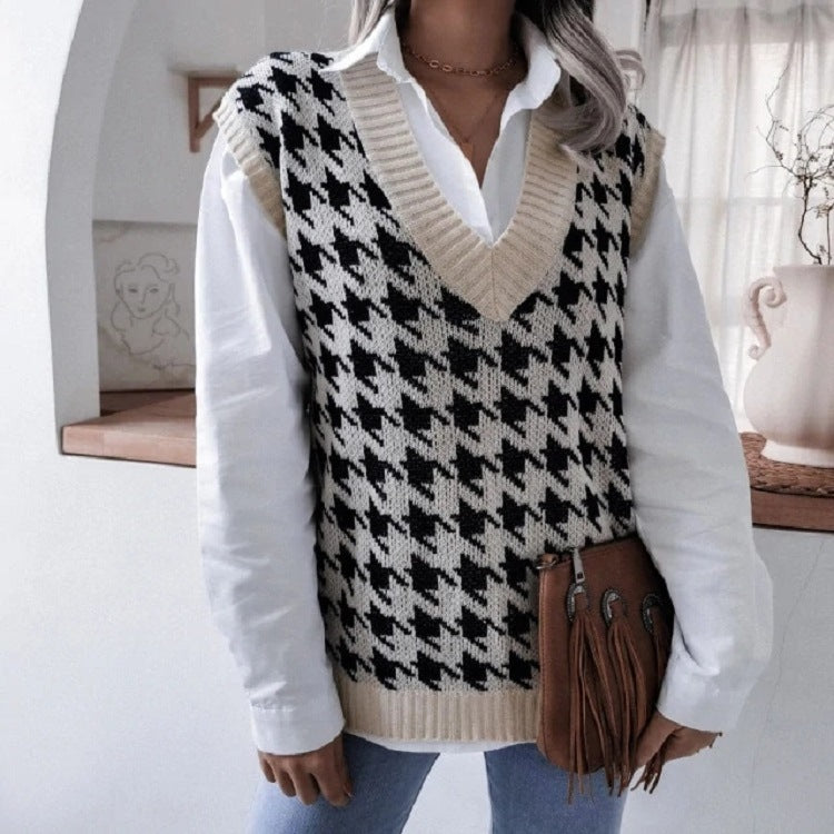 Damen Oversize Strickweste mit Hahnentritt-Muster und V-Ausschnitt Shop Nory