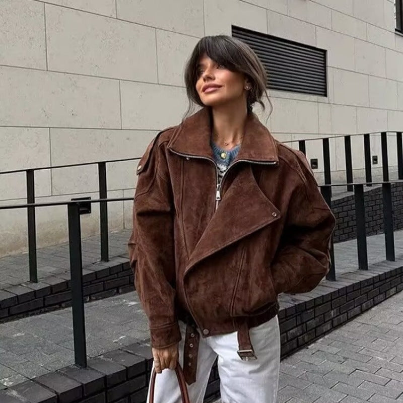 Damen Oversize Bomberjacke mit breitem Reverskragen, Taillengürtel und Schulterklappen Shop Nory