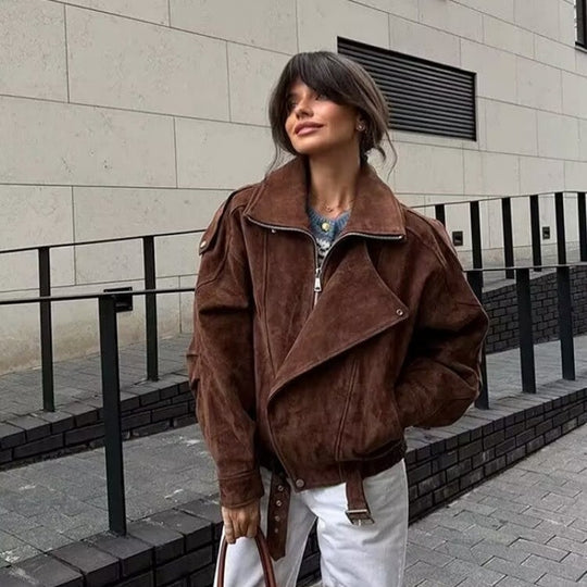 Damen Oversize Bomberjacke mit breitem Reverskragen, Taillengürtel und Schulterklappen Shop Nory