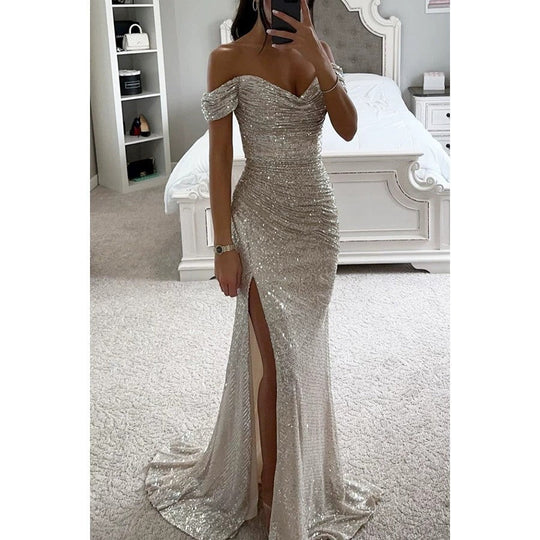 Damen Glitzerndes Off-Shoulder Abendkleid mit seitlichem Schlitz