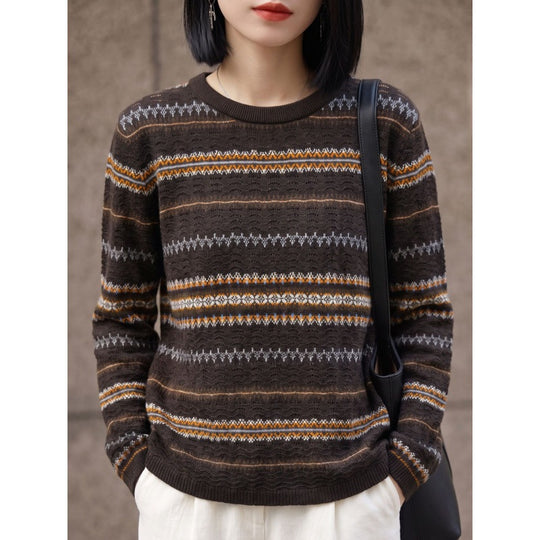 Damen Leichter Rundhals-Pullover im Norwegerstreifen-Design mit strukturierter Ajouroptik Shop Nory