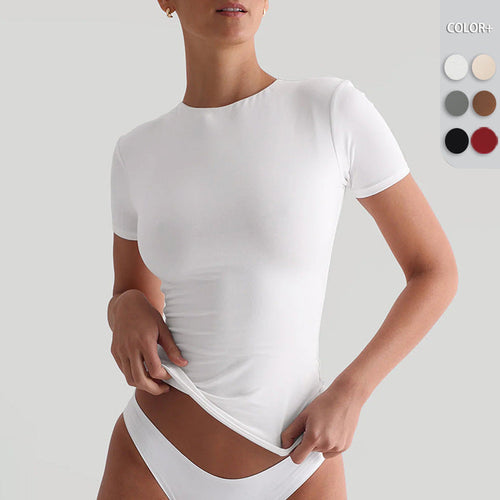 Damen figurbetontes T-Shirt mit Rundhalsausschnitt und kurzem Arm