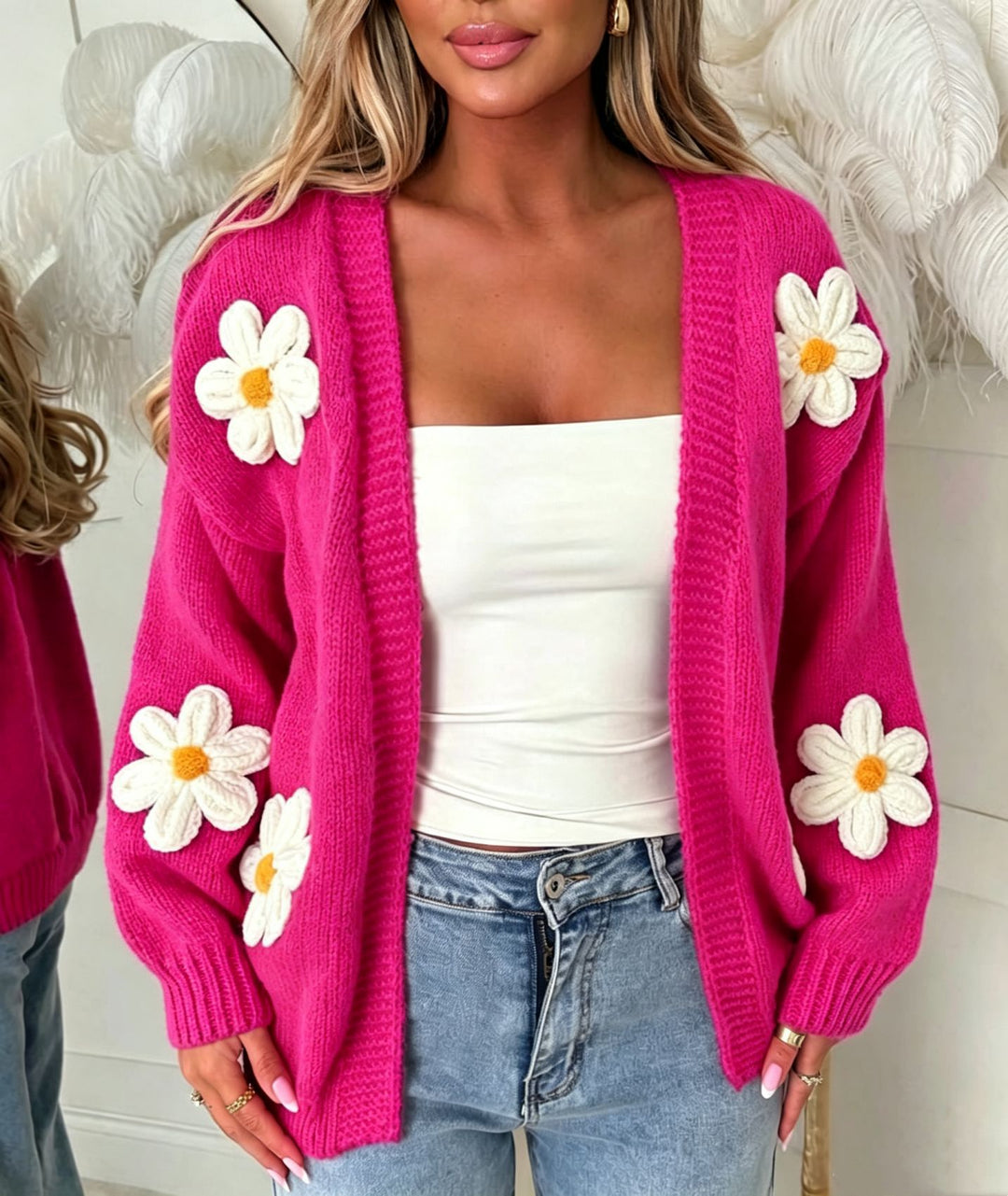 Damen Oversize-Strickcardigan mit 3D-Blumenapplikationen und geripptem Saum Shop Nory