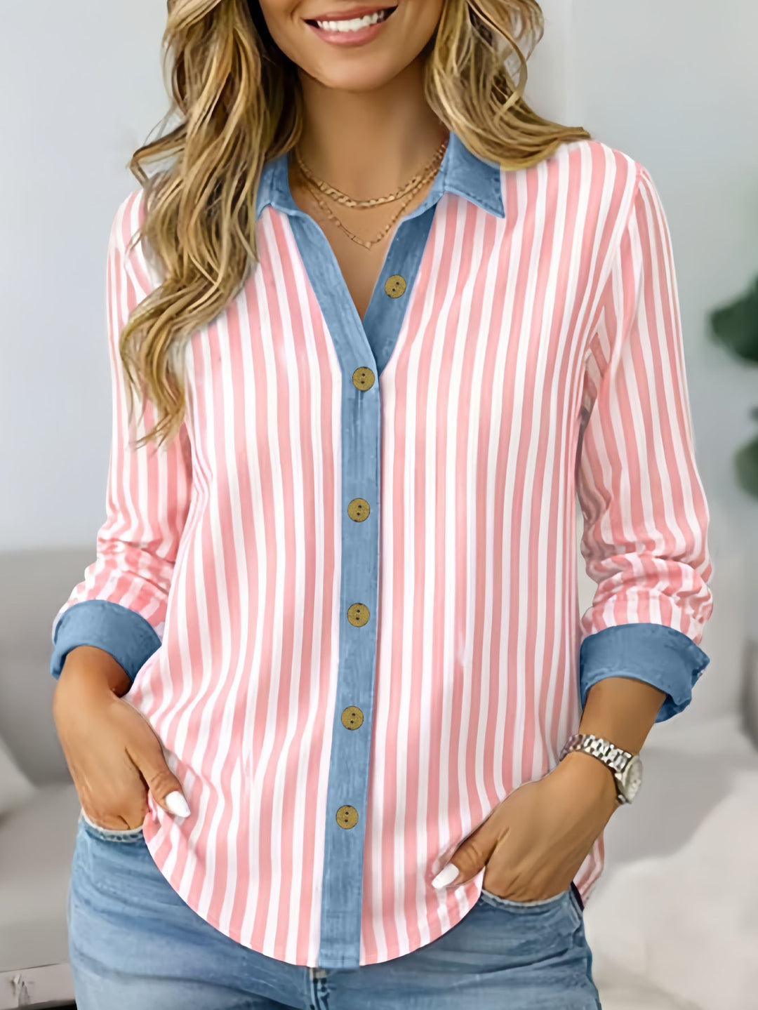 Damen Gestreifte Bluse mit Knotenfront, Kontrastkragen und knöpfbarer Hemdleiste Shop Nory