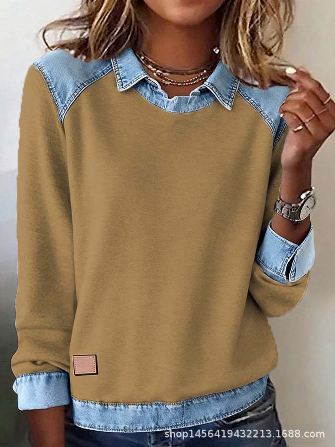 Damen nan gerippter Strickpullover mit Jeanskragen und Knopfleiste Shop Nory