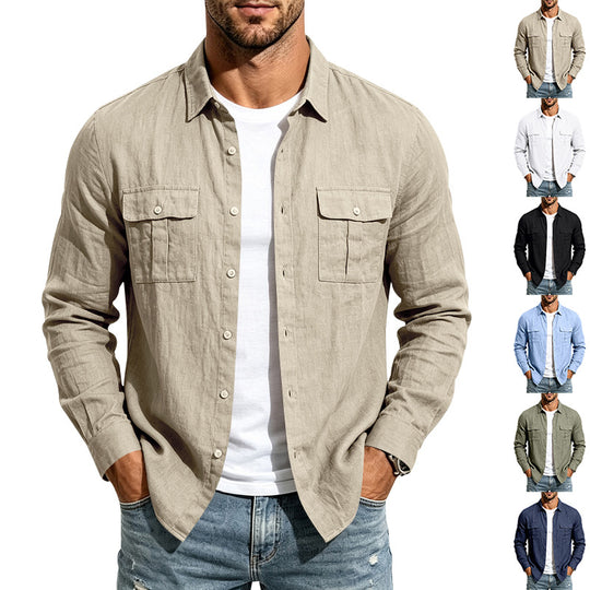 Herren lässiges Langarm-Leinenhemd mit Brusttaschen Shop Nory