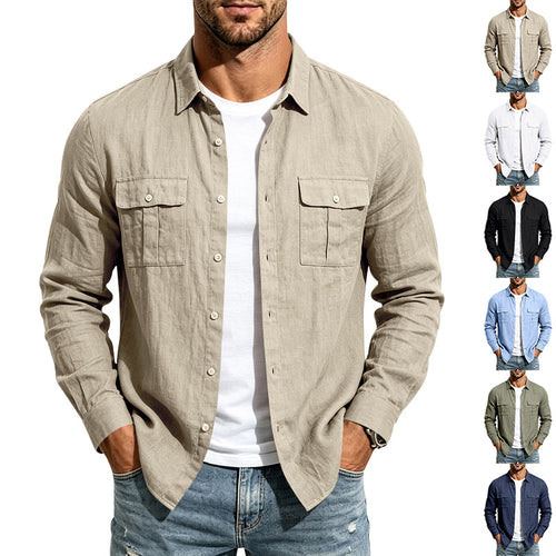 Herren lässiges Langarm-Leinenhemd mit Brusttaschen Shop Nory