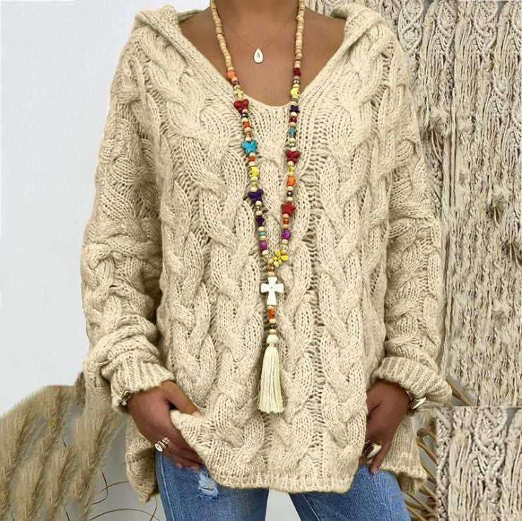 Damen nan oversized Kapuzenpullover mit Zopfmuster, tiefem V-Ausschnitt und seitlichen Schlitzen Shop Nory