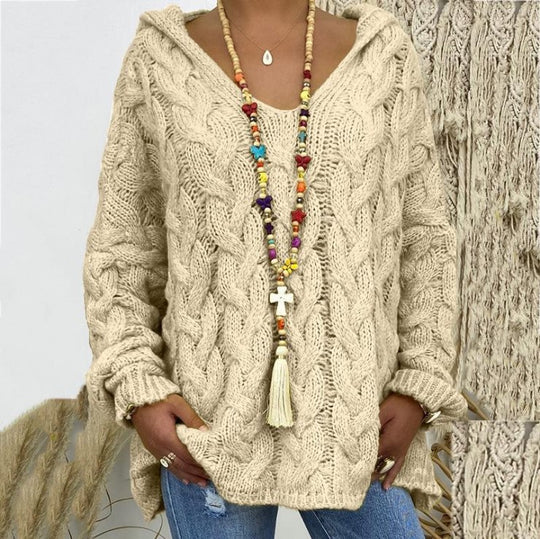 Damen nan oversized Kapuzenpullover mit Zopfmuster, tiefem V-Ausschnitt und seitlichen Schlitzen Shop Nory