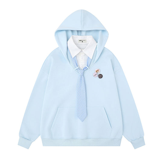 Damen Kapuzenpullover mit eingesetztem Hemdkragen und vorgebundener Krawatten-Applikation Shop Nory
