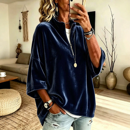 Damen Oversize Samt-Pullover mit kurzem Reißverschluss und Stehkragen Shop Nory