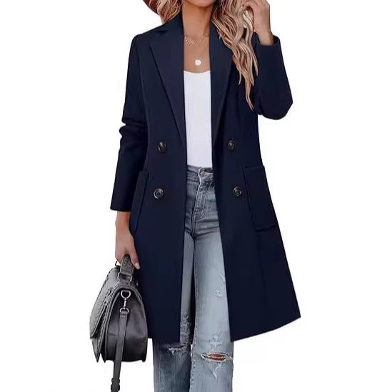 Damen Doppelreihiger Longblazer-Mantel mit aufgesetzten Taschen und taillierter Silhouette Shop Nory