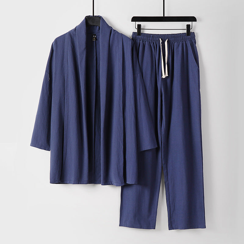 Unisex Lässiges Kimono-Zweiteiler aus atmungsaktivem Leinen-Viskose mit offenem Schalkragen und Kordelbundhose Shop Nory