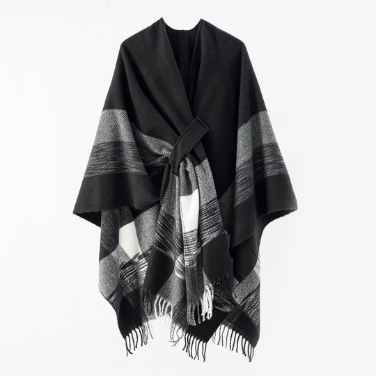 Damen Revers‑Cape aus Wollmischung mit Bindegürtel und Karomuster Shop Nory