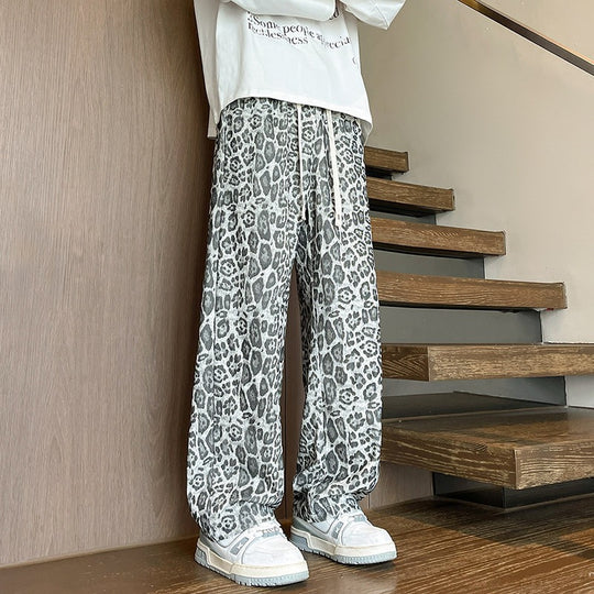 Herren Weit geschnittene Leoprint-Hose aus leichtem Viskose-Mix mit Kordelzug Shop Nory