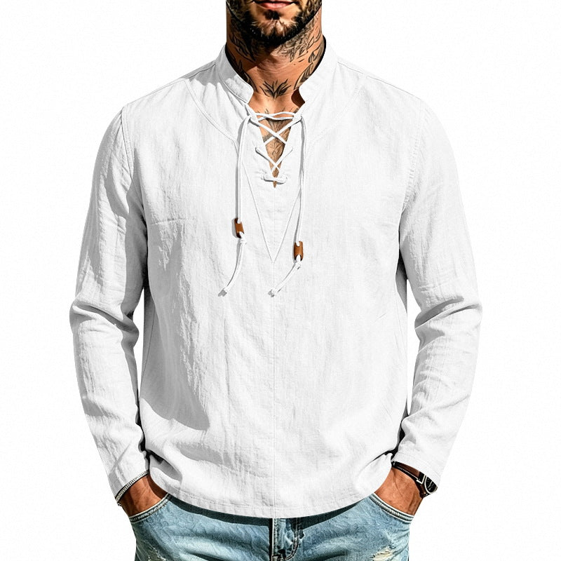 Herren Leinenhemd mit Stehkragen und Schnürung Shop Nory