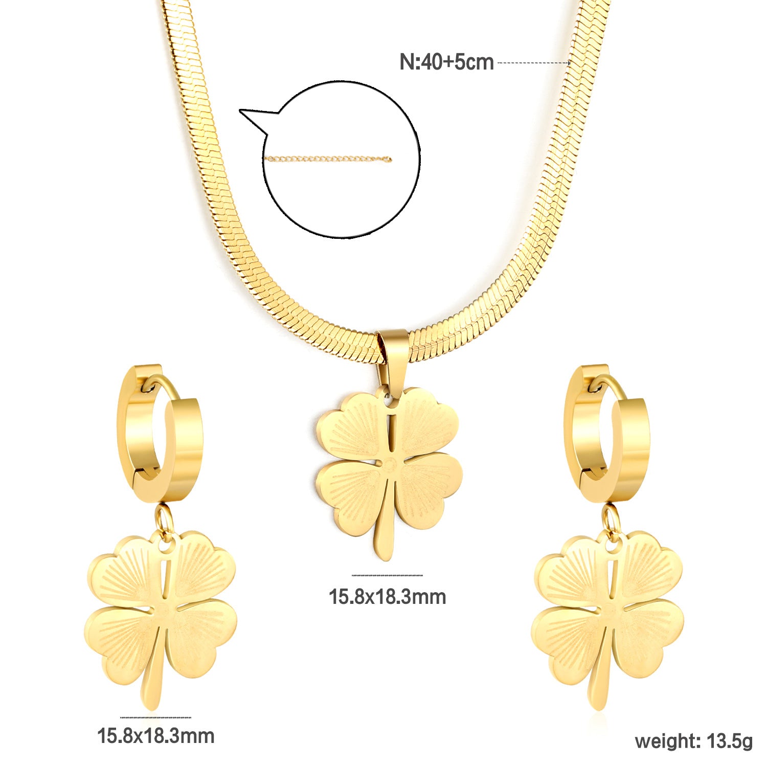 Damen Schmuckset mit vierblättrigem Kleeblatt-Anhänger und passenden Ohrsteckern Shop Nory