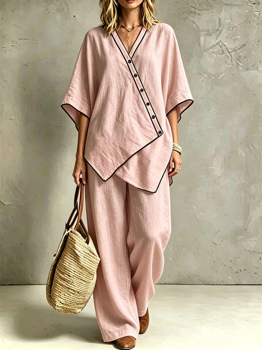Damen Asymmetrisches Tunika-Loungewear-Set mit diagonaler Knopfleiste und weiter Palazzohose Shop Nory