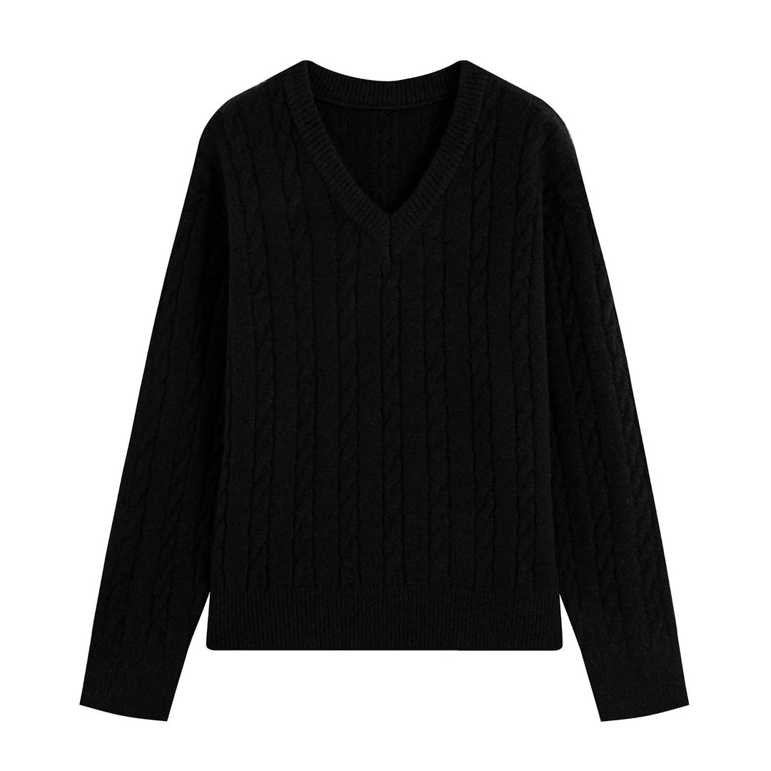 Damen Oversize Zopfmuster-Pullover mit V-Ausschnitt und breitem Rippbündchen Shop Nory