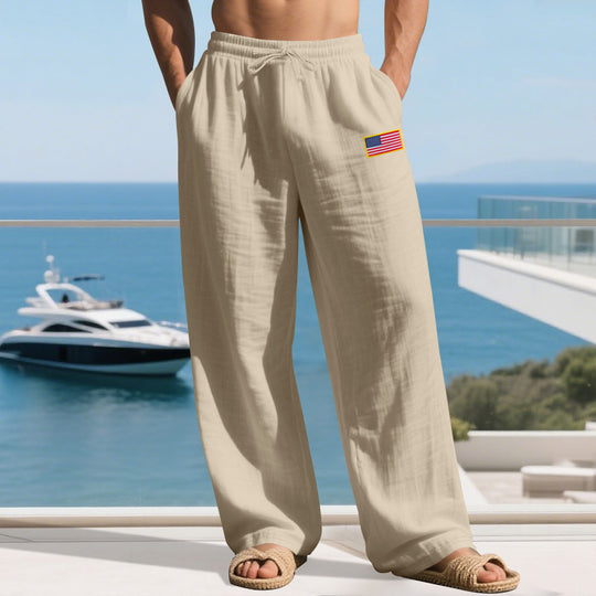 Herren Maritime Relaxed‑Fit Leinenoptik-Freizeithose mit Tunnelzug & Flaggen-Patch Shop Nory