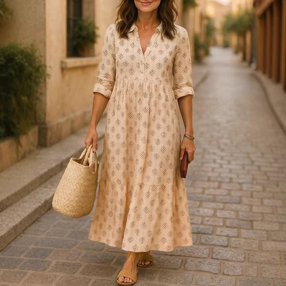 Damen Maxikleid mit elegantem Kragen und floralen Mustern