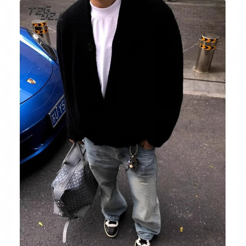 Herren Grobstrick-Cardigan im Oversize-Schnitt mit Schalkragen und asymmetrischer 3-Knopfleiste Shop Nory
