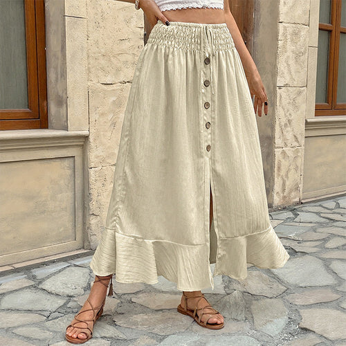 Damen Sommerlicher Maxirock mit Smockbund, durchgehender Knopfleiste, Seitenschlitz und Volant Shop Nory