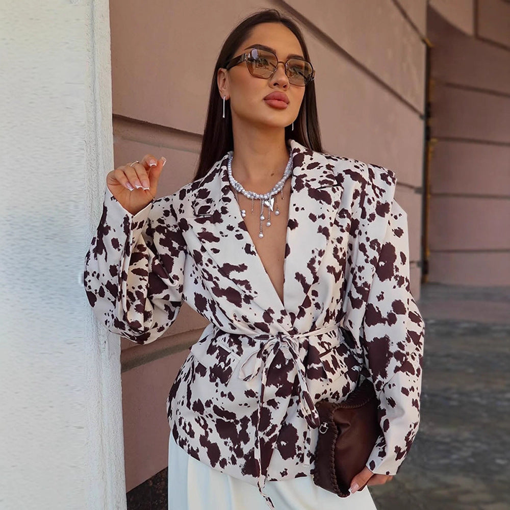 Damen Gemusterter taillierender Blazer mit Kordelgürtel und überschnittenen Schultern Shop Nory
