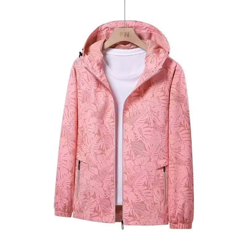 Damen Atmungsaktive Kapuzenjacke mit Trendigem Blätterdruck Shop Nory