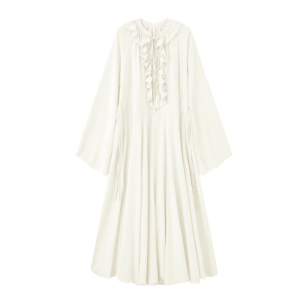Damen Maxikleid mit Volants, Bindekragen und weitem Glockenärmel Shop Nory