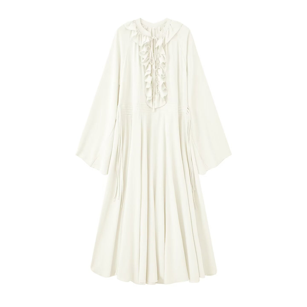 Damen Maxikleid mit Volants, Bindekragen und weitem Glockenärmel Shop Nory