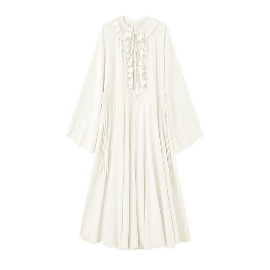Damen Maxikleid mit Volants, Bindekragen und weitem Glockenärmel Shop Nory