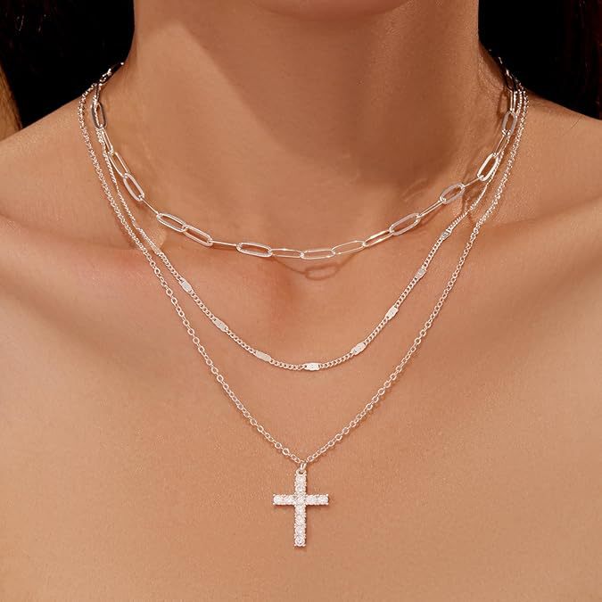 Damen mehrlagige Halskette mit modernem Kreuzanhänger und funkelnden Zirkonia Shop Nory